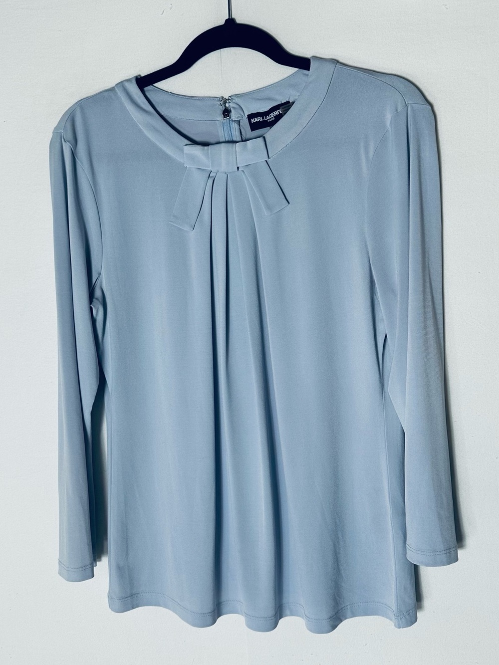 Karl Lagerfeld Paris Pastel Blue Bow Neck Pleated Front Blouse M Corporate Chic